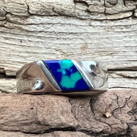 Taxco Mexico Sterling Silver Ring TM-166 Azurite Turquoise Lapis Lazuli Signet - Picture 3 of 9